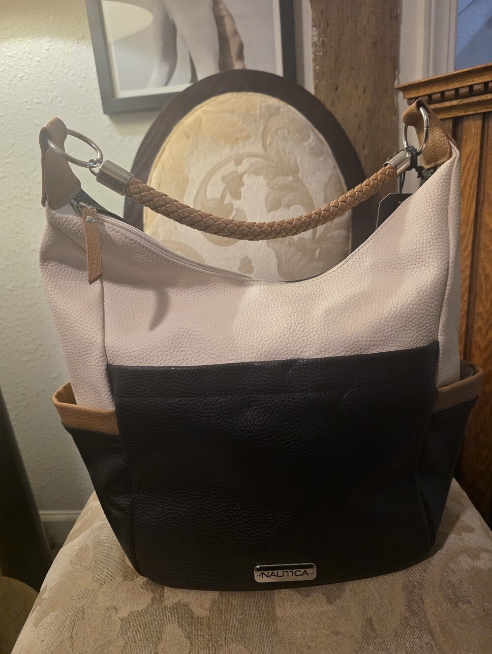 Nautica Cream, Black & Tan Braided-Handle Shoulder Bag
